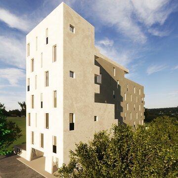 Modellazione 3D e rendering di edificio residenziale moderno