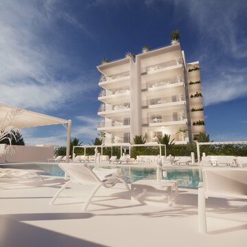 Modellazione 3D e rendering di edificio residenziale moderno con piscina