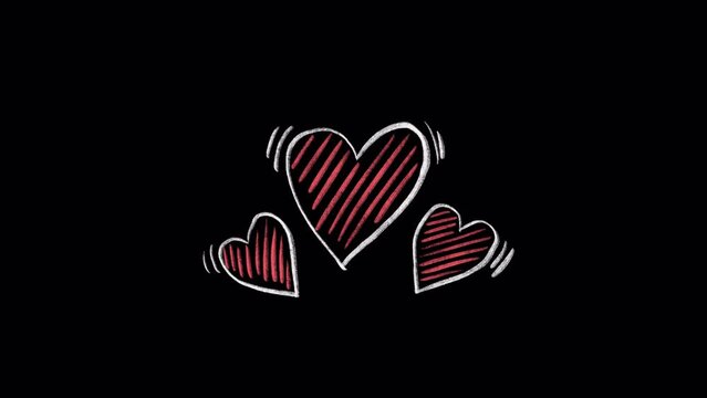 Hand drawn animated video, doodle of three hearts. Video clip with alpha channel.
