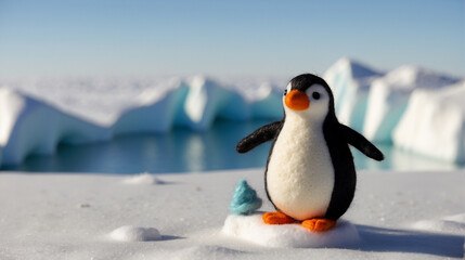 Obraz premium Happy felted penguin in sunny snowy felted heaven sea ice - AI Generative