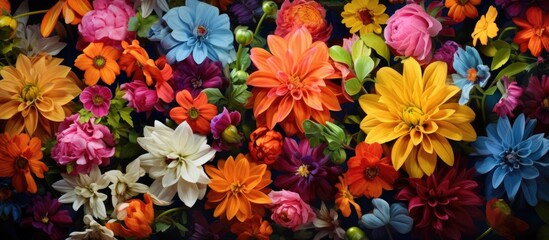 In the heart of a lush garden amidst vibrant flowers in shades of orange red and yellow a bouquet...