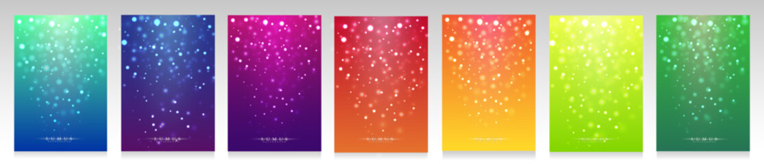 Sparkling cover set. Sparks and stars on colorful shaded background. Blurred surface, bright and magical bohek effect for business, technology and special event. - obrazy, fototapety, plakaty