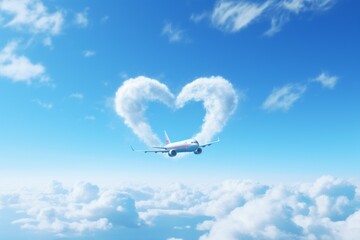 Airplane flying in the sky. Romantic travel concept for Valentine's Day. Backdrop with selective focus - Powered by Adobe