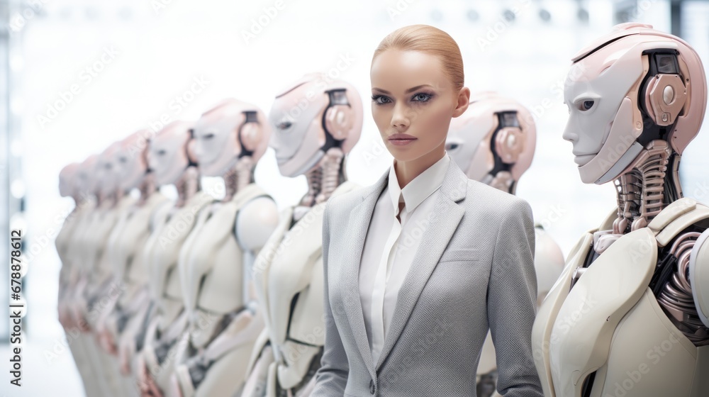Poster a woman standing in front of a row of robots. generative ai.