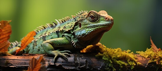 In the midst of the lush forest a majestic tree lizard perches on the brown wood blending seamlessly into its natural surroundings while the intricate details of its scales magnify in the cl