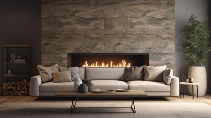 Fireplace Decorated with Stone Tiles in Minimalist Style