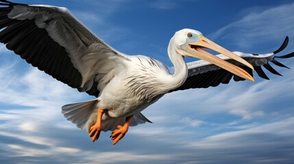 Fototapeta na wymiar pelican in mid flight wings uhd wallpaper