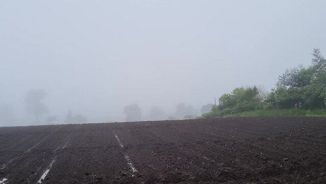 Vista panor&aacute;mica de un campo arado listo para ser cultivado. Trabajo agr&iacute;cola un d&iacute;a de lluvia con neblina en boquete un panam&aacute;.