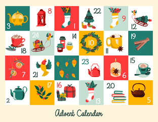 Illustration de Noël pour calendrier de l'avent, cases numérotée avec des décorations, cadeaux, sapin de Noel, tasse de thé, chocolat chaud, guirlandes et couronne