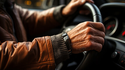 Close-up of hands of an older man driving a car. Elderly man driving a vehicle. Car steering wheel driven by a retiree. Taxi driver driving at night. Vehicle interior Driver holding the steering wheel - obrazy, fototapety, plakaty