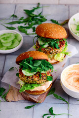 Fish burger with shriracha mayo sauce