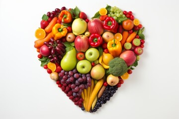 Naklejka na ściany i meble Colorful heart shaped fruit and vegetable arrangement isolated on white background, top view