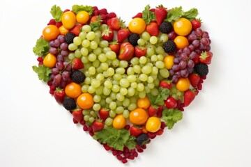 Naklejka na ściany i meble Wholesome heart shaped fruit and vegetable arrangement on white background, top view perspective
