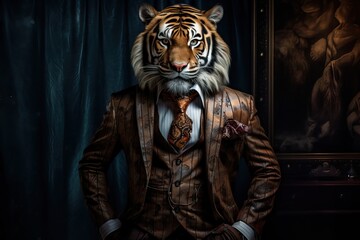 Tiger dressed in an elegant modern suit with a nice tie. Fashion portrait of an anthropomorphic animal, feline, posing with a charismatic human attitude