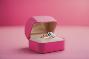 A pink gift box and engagement gold ring on a pink background