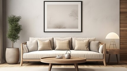 Round Wooden Coffee Table Near Beige Sofa