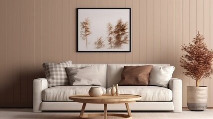 Fototapeta na wymiar Round Wooden Coffee Table Near Beige Sofa