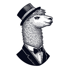 Llama wearing a suit and top hat vintage portrait sketch © Satoru Sketches