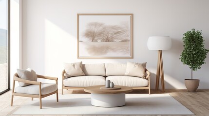 Round Wooden Coffee Table Near Sofa and Armchair