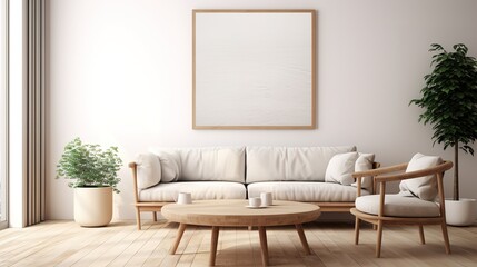 Round Wooden Coffee Table Near Sofa and Armchair
