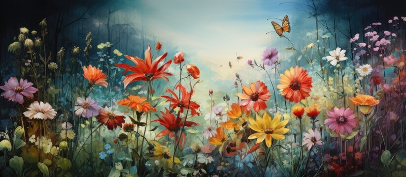 The background of the garden was a vibrant green with grass and leaves adding texture and patterns to the landscape while colorful flowers in red and various other shades added bursts of exc