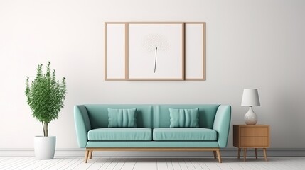 Teal Sofa and Big Mock Up Canvas Poster on White Wall