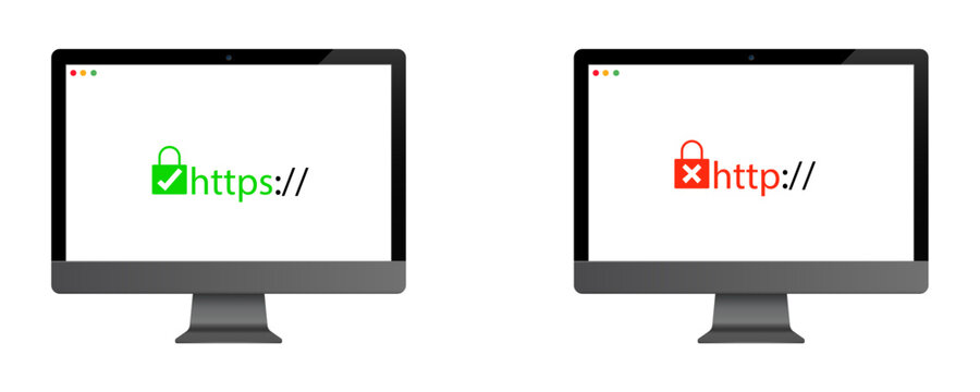 Http and https secure and insecure encryption ssl internet connection depicted on a modern monoblock computer eps10