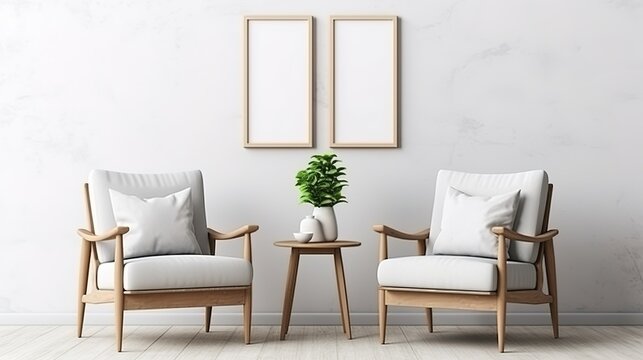 Two Armchairs in Room with White Wall and Big Frame