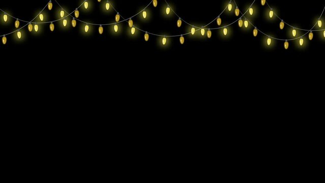 Christmas golden lights garland on black background. Glowing gold light bulbs. Xmas, New Year, wedding or Birthday decor. Winter holiday season animation fo party event decoration.