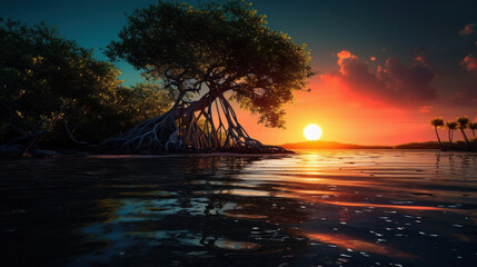 Fototapeta na wymiar The sun and moon exchange a kiss over the whispering mangroves