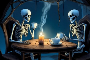 Two married skeletons sit with in their grave like cavern at a table having a steaming cup of coffee - AI Generative - obrazy, fototapety, plakaty