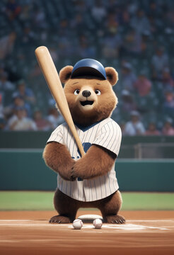 illustrazione con simpatico orsetto che impugna una mazza da baseball durante una partita
