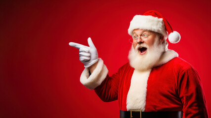 Fototapeta na wymiar Santa Claus points his finger at an empty space to advertise Christmas promotion