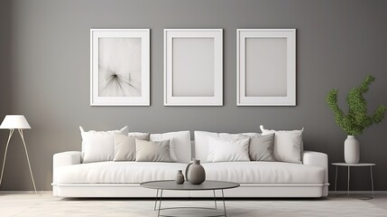 Fototapeta na wymiar White Sofa and Posters Frames on Gray Wall