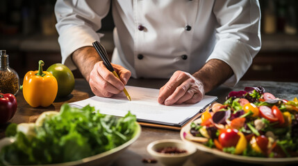 Chef pens down meal plans with precision and passion - obrazy, fototapety, plakaty