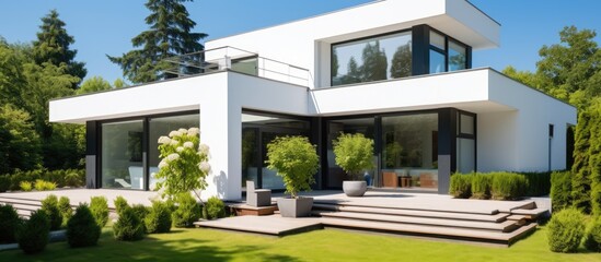 In the summer against a backdrop of a clear blue sky a modern house stands surrounded by nature with a lush green garden and tall trees creating a picturesque landscape The architecture is 