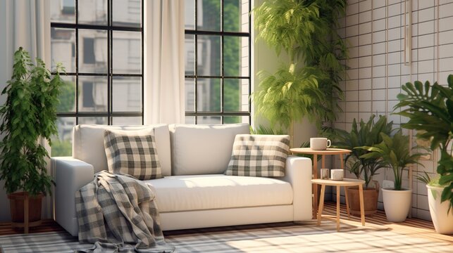 White Sofa with Plaid and Cushions on Knitted Rug