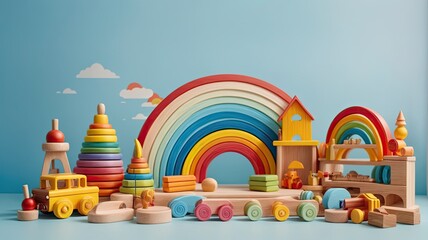 Kids toys collection with wooden rainbow,