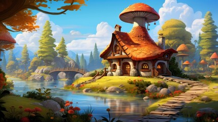 A cartoon giant magical mushroom house near lake