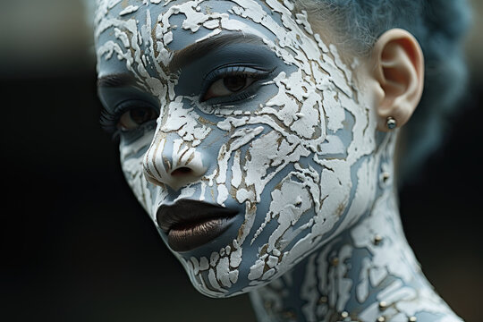 Portrait of nude sensual confident young woman with strokes of white and gray dry paint masks on face and body