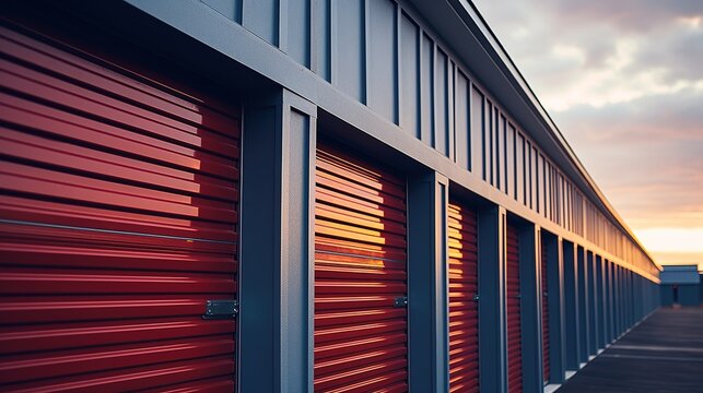 Generative AI, Mini colorful metal self storage facilities rental units, warehouse exterior, industry garage building...