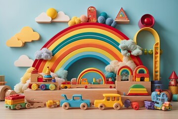 Kids toys collection with wooden rainbow, - obrazy, fototapety, plakaty