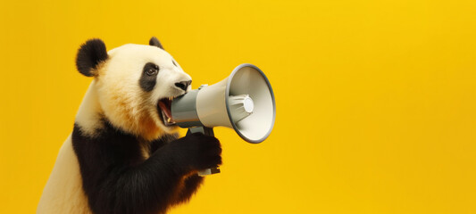 Panda with loudspeaker on yellow background - obrazy, fototapety, plakaty