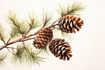 illustration of a pine branch with three pine cones on a white background