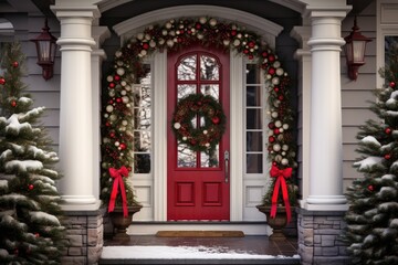 home entrance beautifully framed by snow dusted Christmas trees and a decorated wreath and arch with red accents
