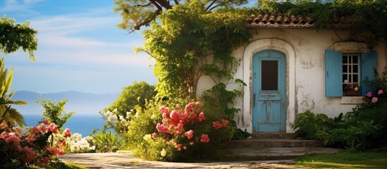 picturesque landscape an old house with a blue door stood proudly surrounded by a lush garden and overlooking the clear sky and sparkling waters evoking memories of summers past and a lifest - obrazy, fototapety, plakaty