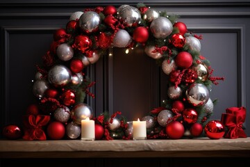 ornate Christmas wreath decorated with red and silver ornaments, candles, and ribbons, set against a dark backdrop