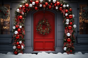 Fototapeta na wymiar red door accented by a lush xmas wreath and arch garland, frosted with snow and warm lights