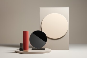 modern cosmetic product display featuring contrasting geometric shapes and neutral tones, mirror and copy space