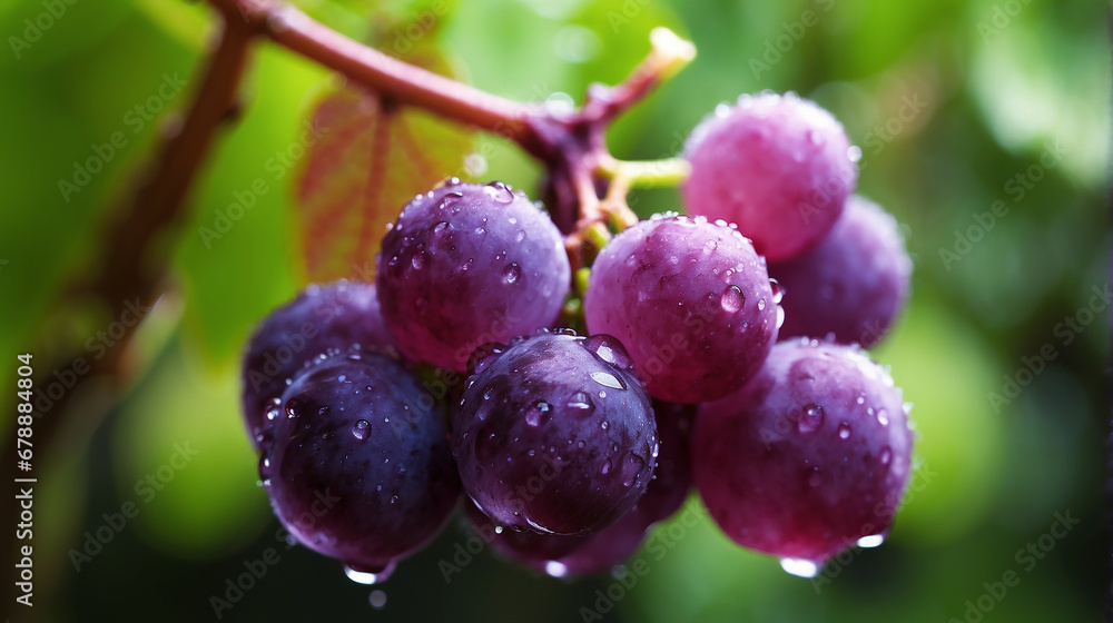 Poster a closeup of a bunch of grapes hanging on a branch with a defocused background - ai generative